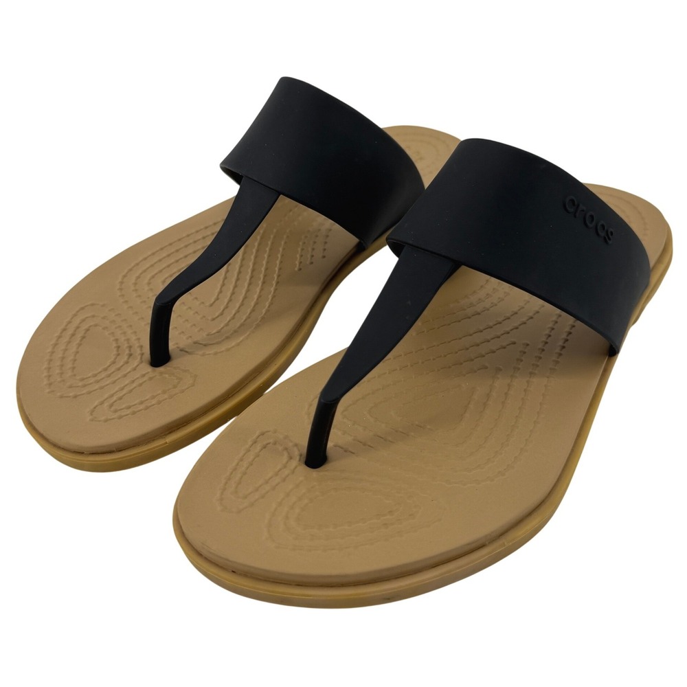Crocs Tulum Flip Flop Sandal Tan Black Women 6 Slip On Casual Comfy Beach Vacay